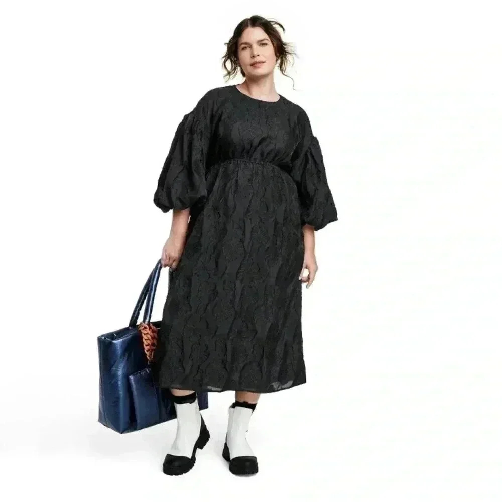 Kika Vargas Black Textured Midi Dress with Balloon Sleeves